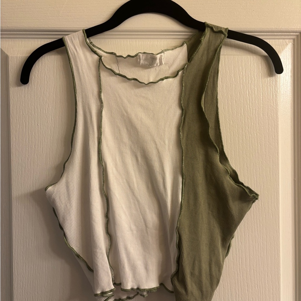 Cream and Green Asymmetrical Crop Tank Top